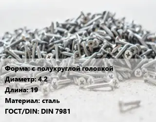 Шуруп с полукруглой головкой 4.2х19 сталь ГОСТ: DIN 7981